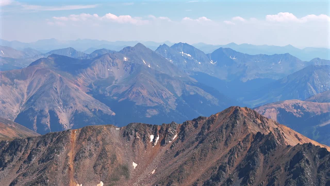 Summer summit of 14er La Plata Peak view Collegiate Peaks Sawatch Range spring summer Rocky Mountains Colorado North Apostle Mt Columbia Oxford Yale Harvard above treeline morning blue sky landscape