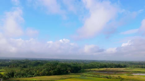 Vuelo-De-Hiperlapso-Aéreo-Sobre-El-Hermoso-Paisaje-Forestal-Con-Campos-Agrícolas-Durante-El-Día-Soleado-En-El-Campo-Indonesio