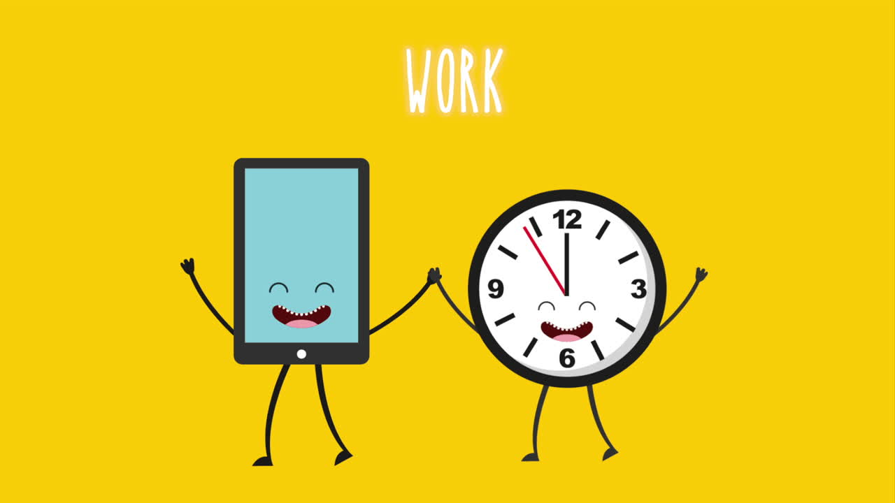 Cute Cartoon Phone and Clock Representing Work