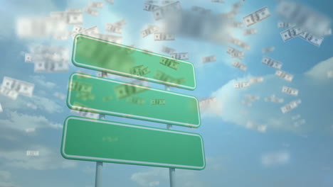 animation of dollar bills over road sign with copy space and sky with clouds