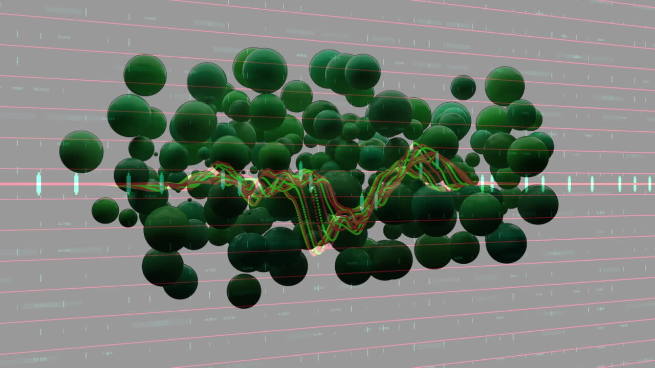 회색 배경에 다양한 데이터에 대한 초록색 구슬의 애니메이션