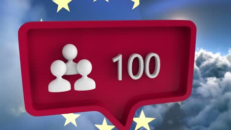 Animation-of-people-icon-with-numbers-on-speech-bubble-with-european-union-flag-and-clouds