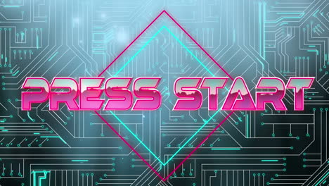 digital animation of press start text over neon squares against microprocessor connections