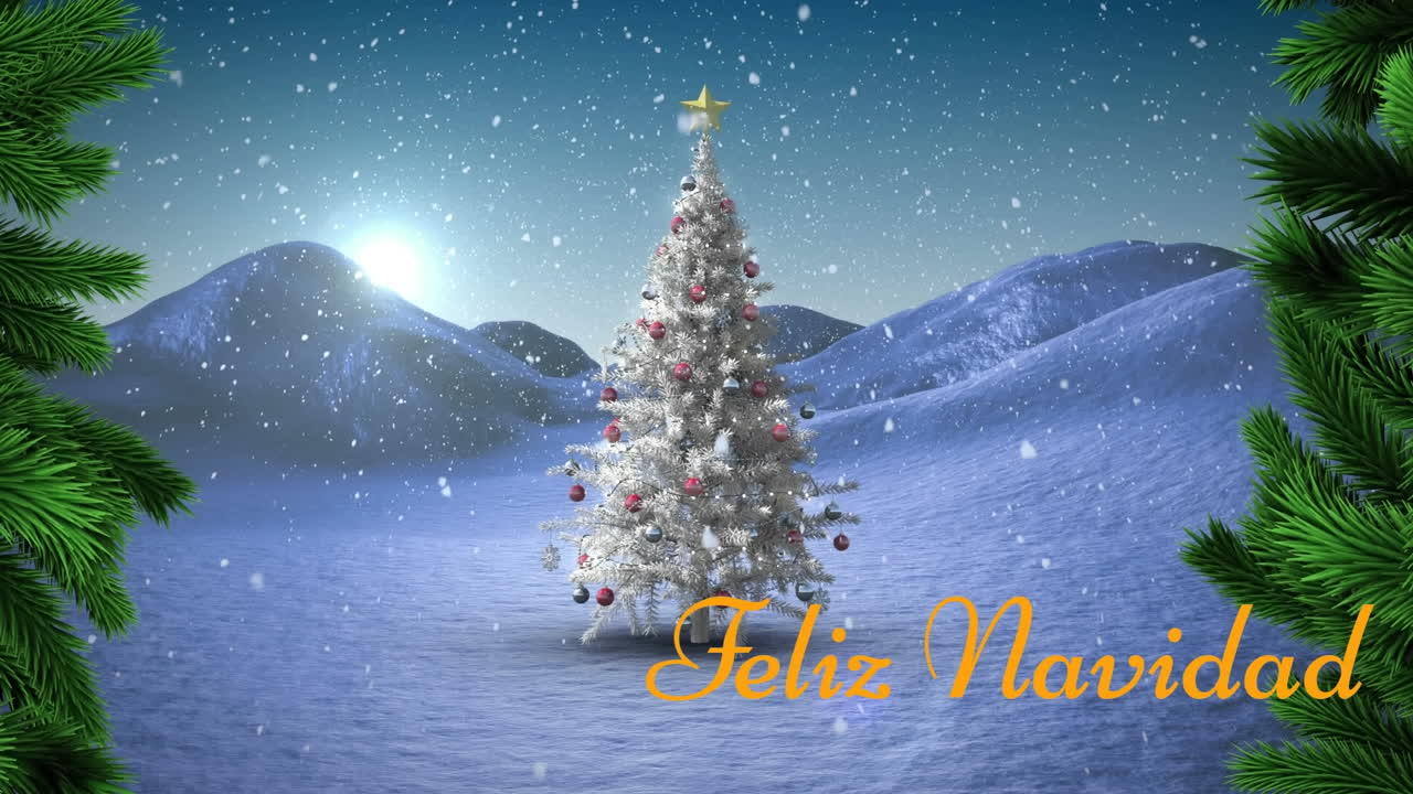 animación de feliz navidad texto y nieve cayendo sobre el árbol de navidad decorado en el paisaje de invierno