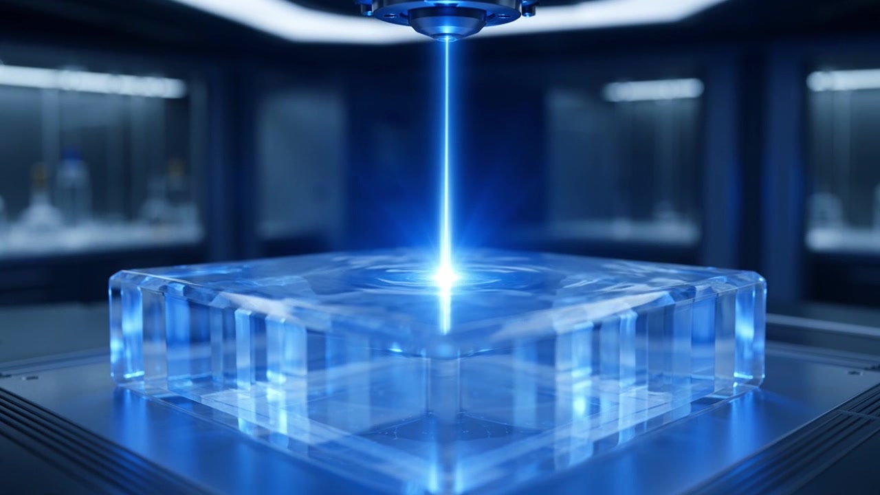 Precision Laser Engraving on Transparent Glass Block in Laboratory