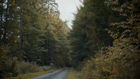 Woman-with-backpack-walking-on-road-by-green-forest