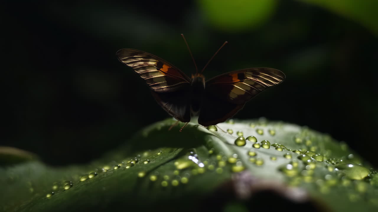 Schmetterling sitzt auf einem taufrischen Blatt