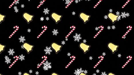 Animation-of-multiple-bells-and-candy-cane-on-black-background