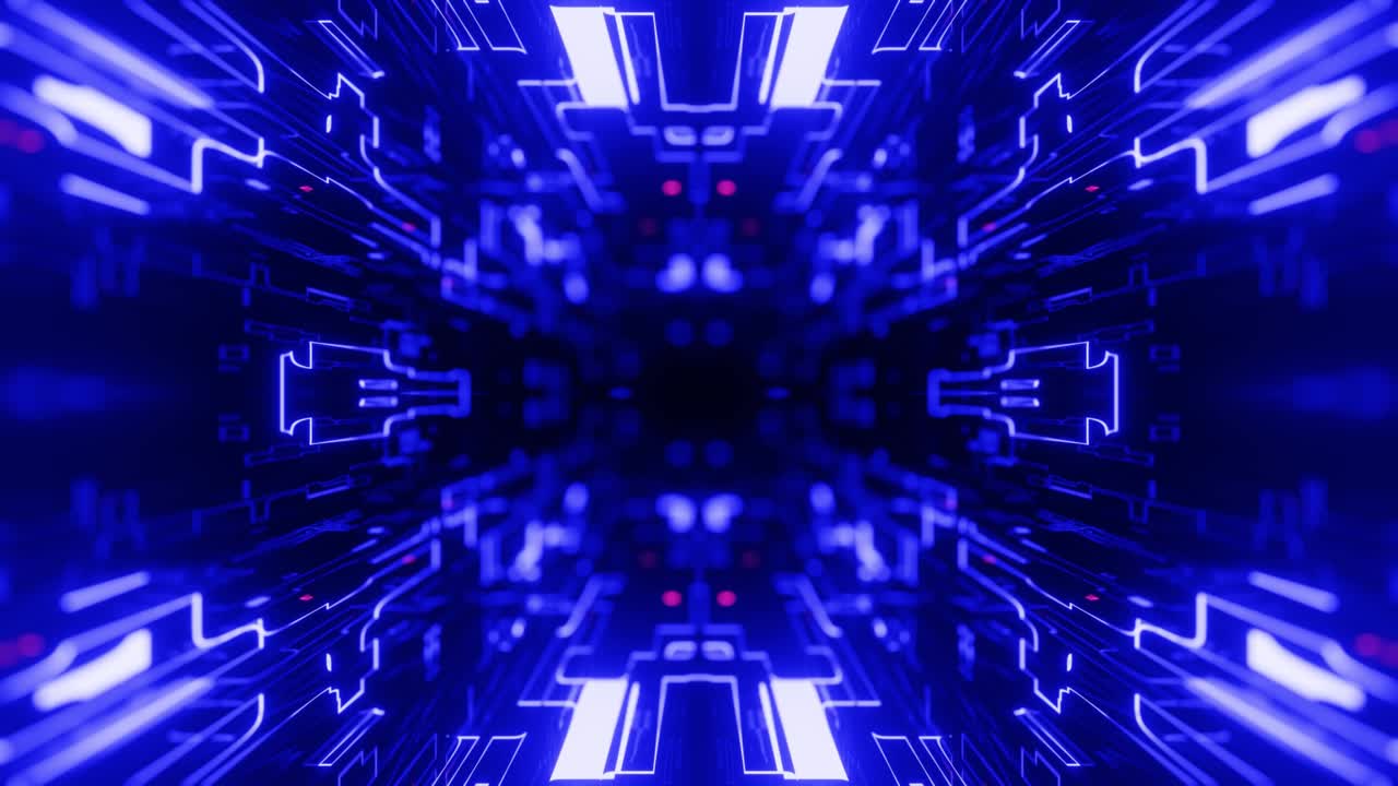 animación en bucle sin costuras de 4k. vuela a través de un túnel simétrico de espejo con patrón de neón, patrón de brillo de ciencia ficción. luz de neón de reflexión brillante. fondo brillante simple, estructura de ciencia ficción