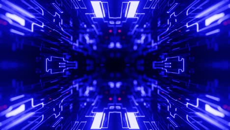 animación en bucle sin costuras de 4k. vuela a través de un túnel simétrico de espejo con patrón de neón, patrón de brillo de ciencia ficción. luz de neón de reflexión brillante. fondo brillante simple, estructura de ciencia ficción