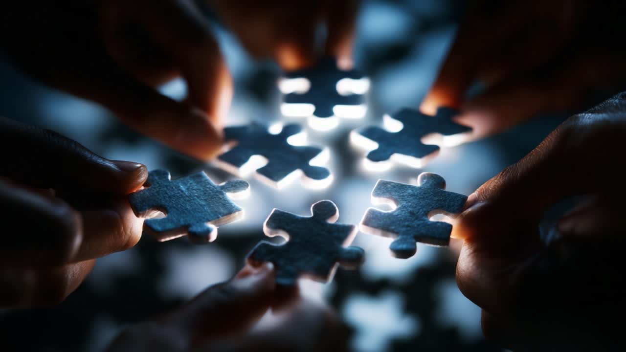A Group of Hands Coming Together to Connect Illuminated Puzzle Pieces in a Dark Setting, Symbolizing Unity, Collaboration, and Problem Solving in Bright Light
