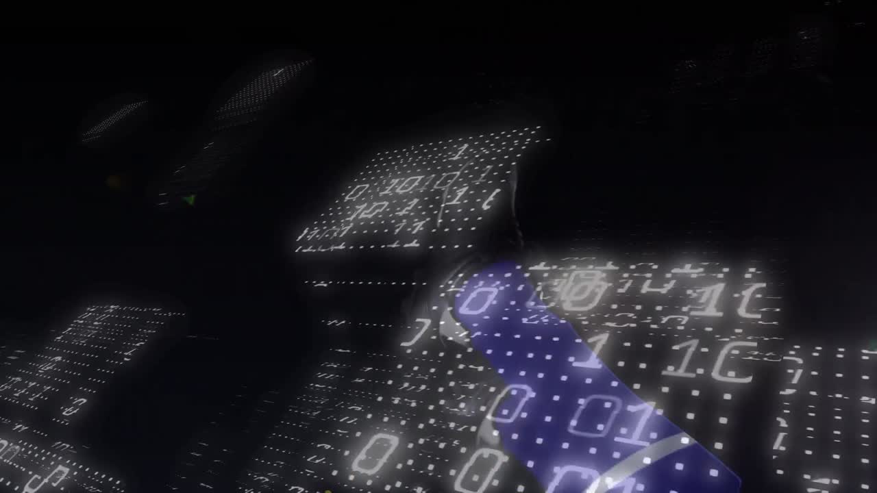 animación de codificación binaria sobre jugador de fútbol afroamericano de sexo masculino bicicleta pateando la pelota