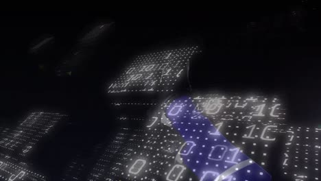 Animation of binary coding over african american male soccer player bicycle kicking ball