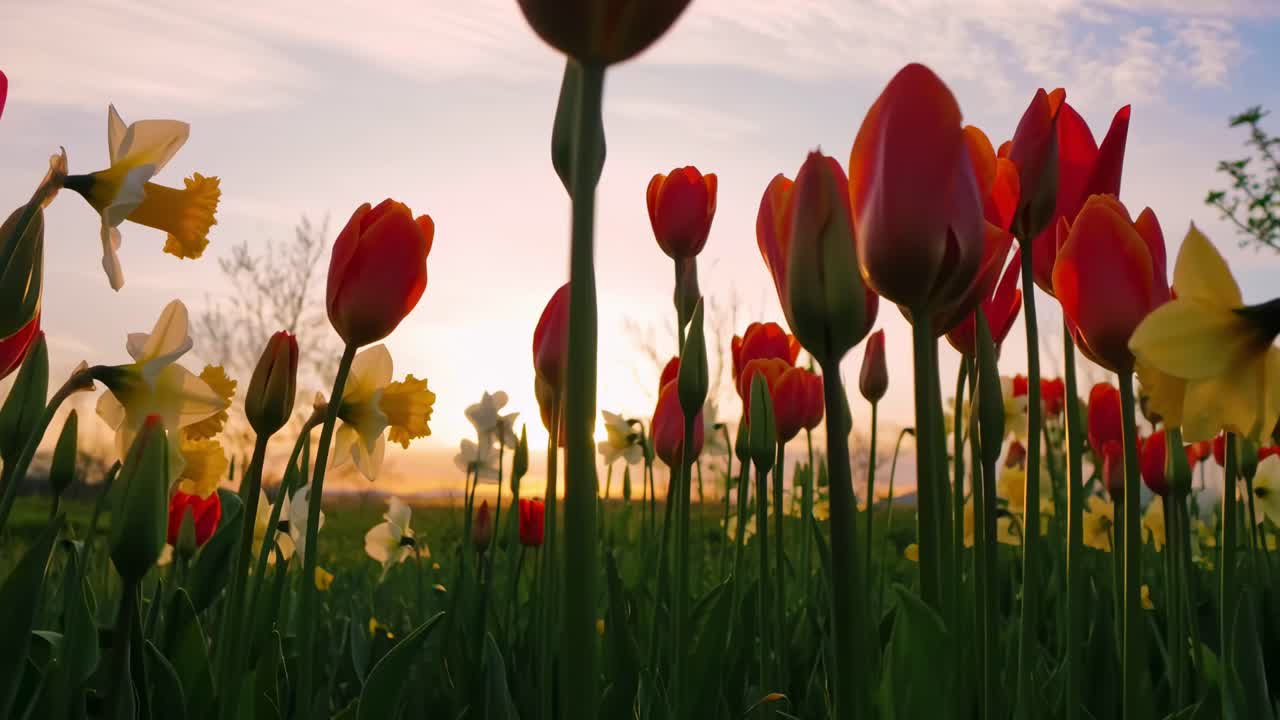 Low-angle video of vibrant tulips and daffodils at sunset, capturing nature's beauty