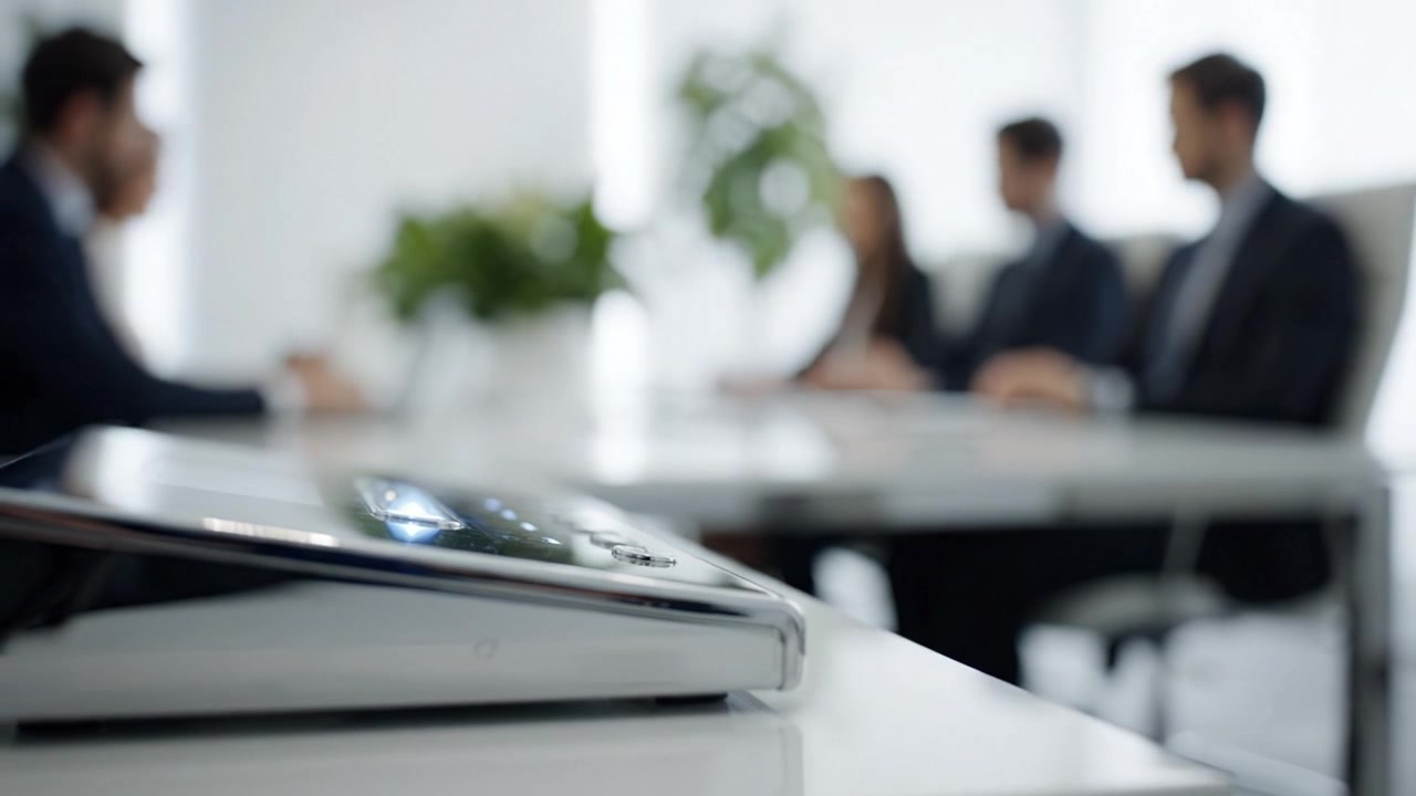 Un ambiente di riunione professionale con focus su un telefono per conferenze e partecipanti impegnati nella discussione in un moderno ambiente d'ufficio.