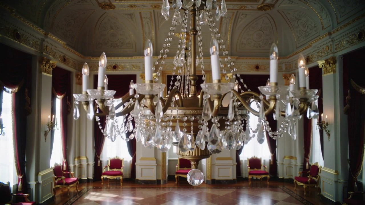 Approaching camera revealing chandelier swaying closer in ballroom, crystal strands sparkling