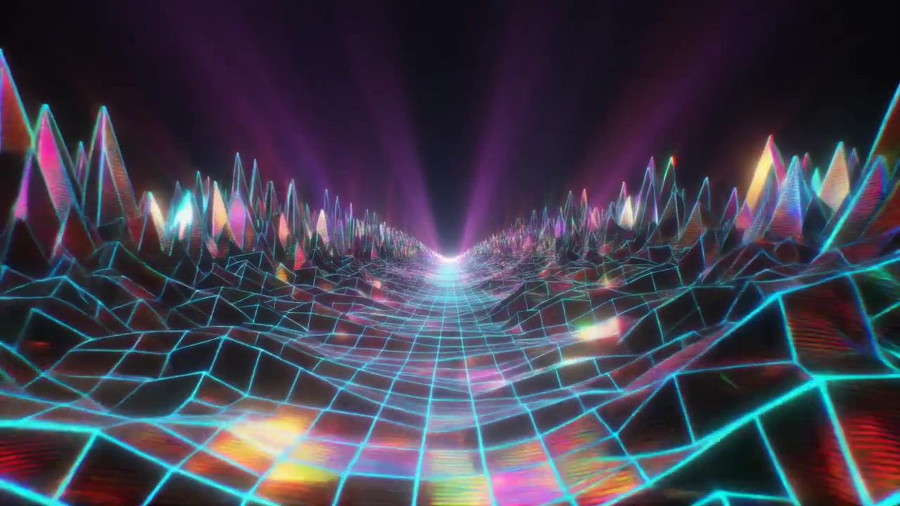 Retro Synthwave Style Digital Landscape with Glowing Grid