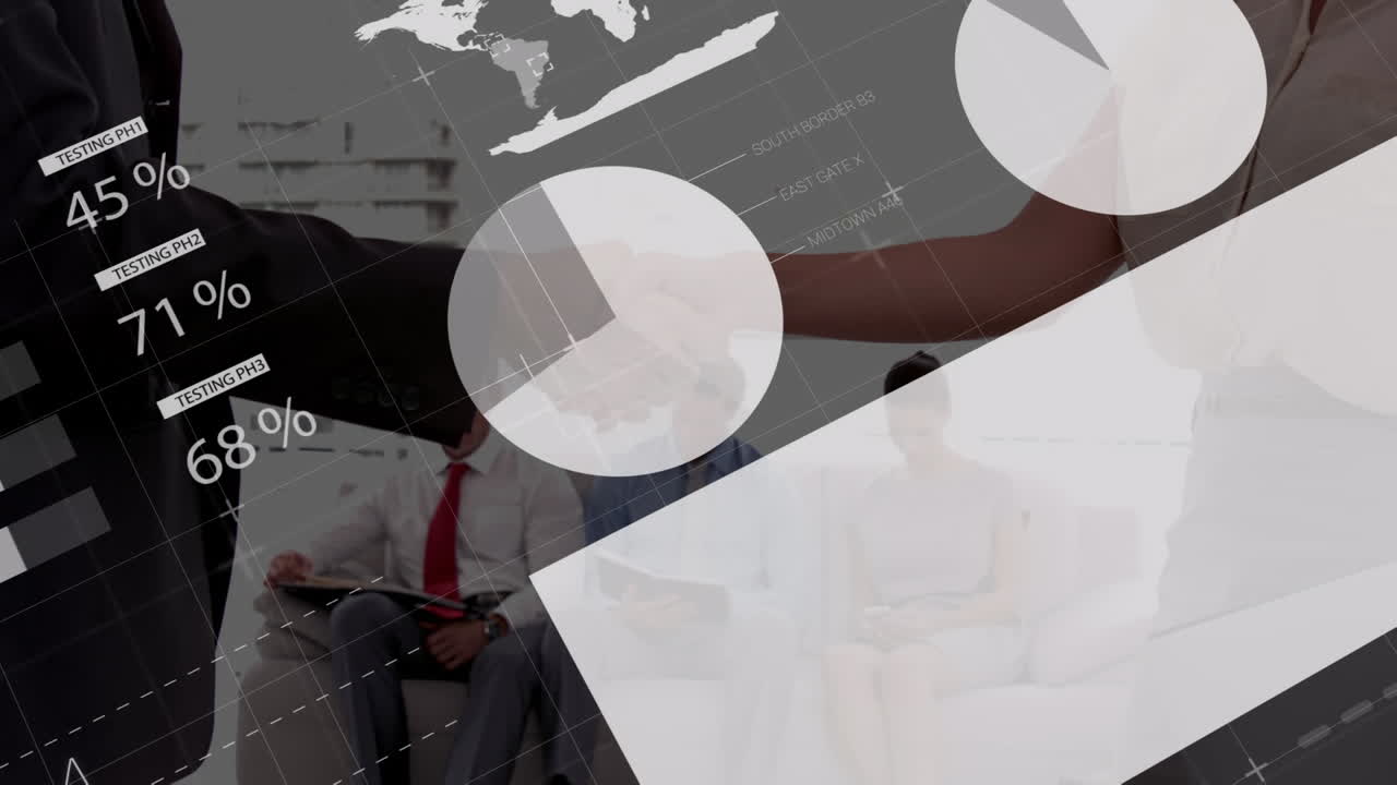 사무실에서 일하는 다양한 비즈니스 사람들에 대한 금융 데이터 처리의 애니메이션