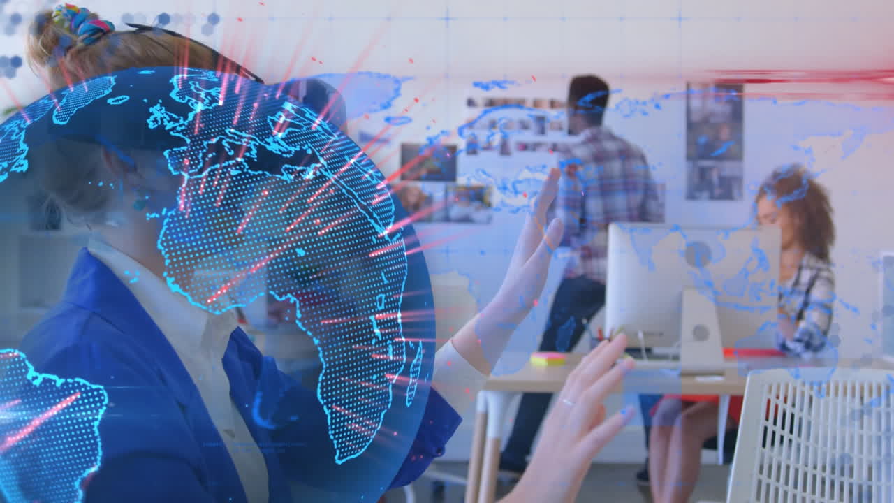 vr 헤드을 사용하는 다양한 비즈니스 사람들 위에서 지구와 세계 지도의 애니메이션