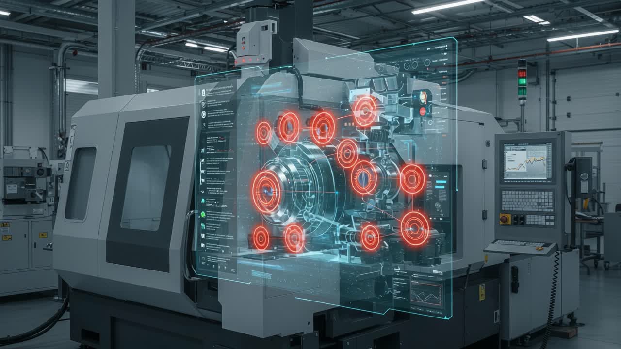 Advanced Machinery with Augmented Reality Interface Showcasing Interactive Overlays and Dynamic Data in a Modern Manufacturing Environment