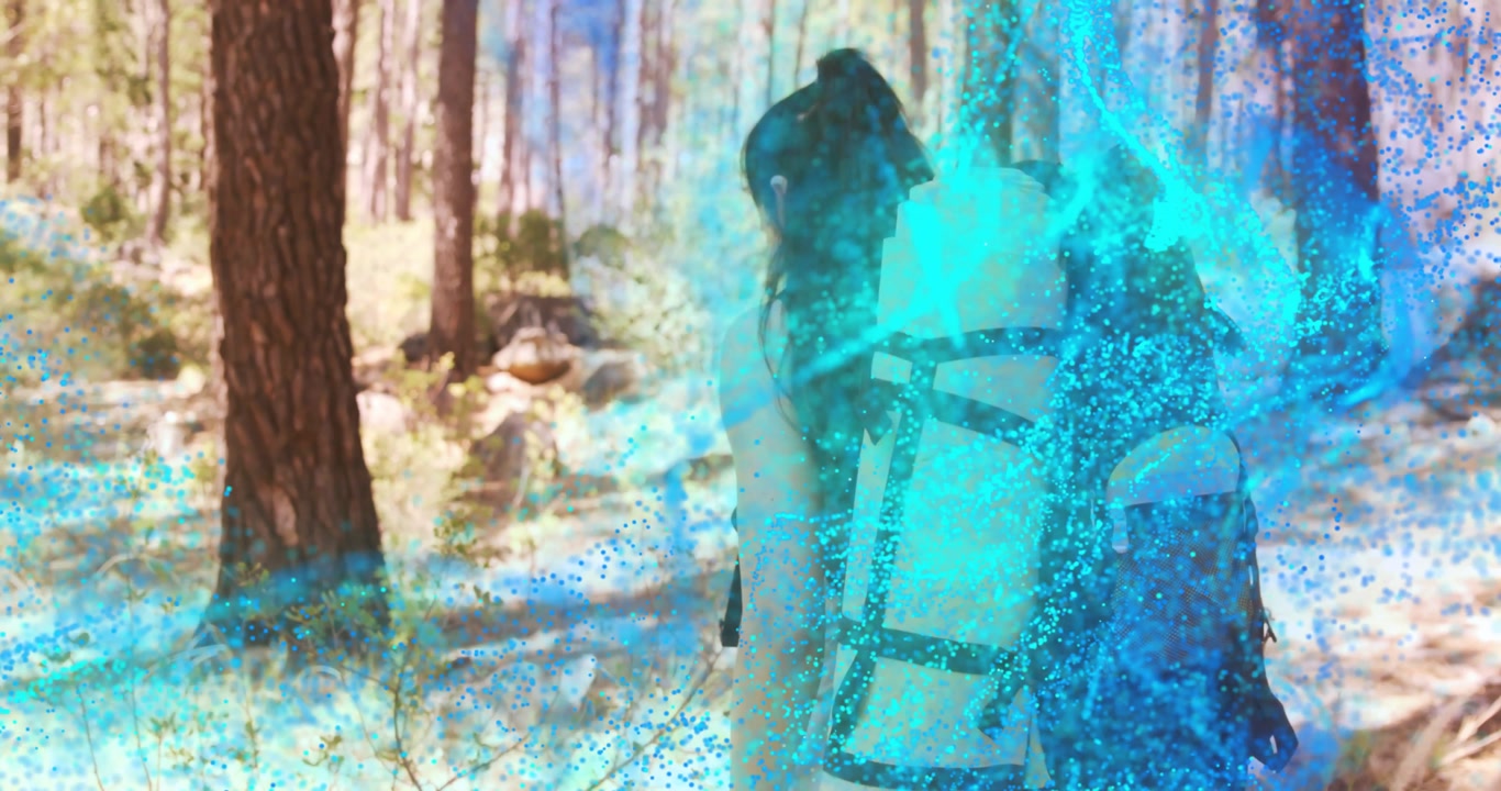 woman hiker shifting gaze starting blue AR particles swirling pack straps on trail showing tech
