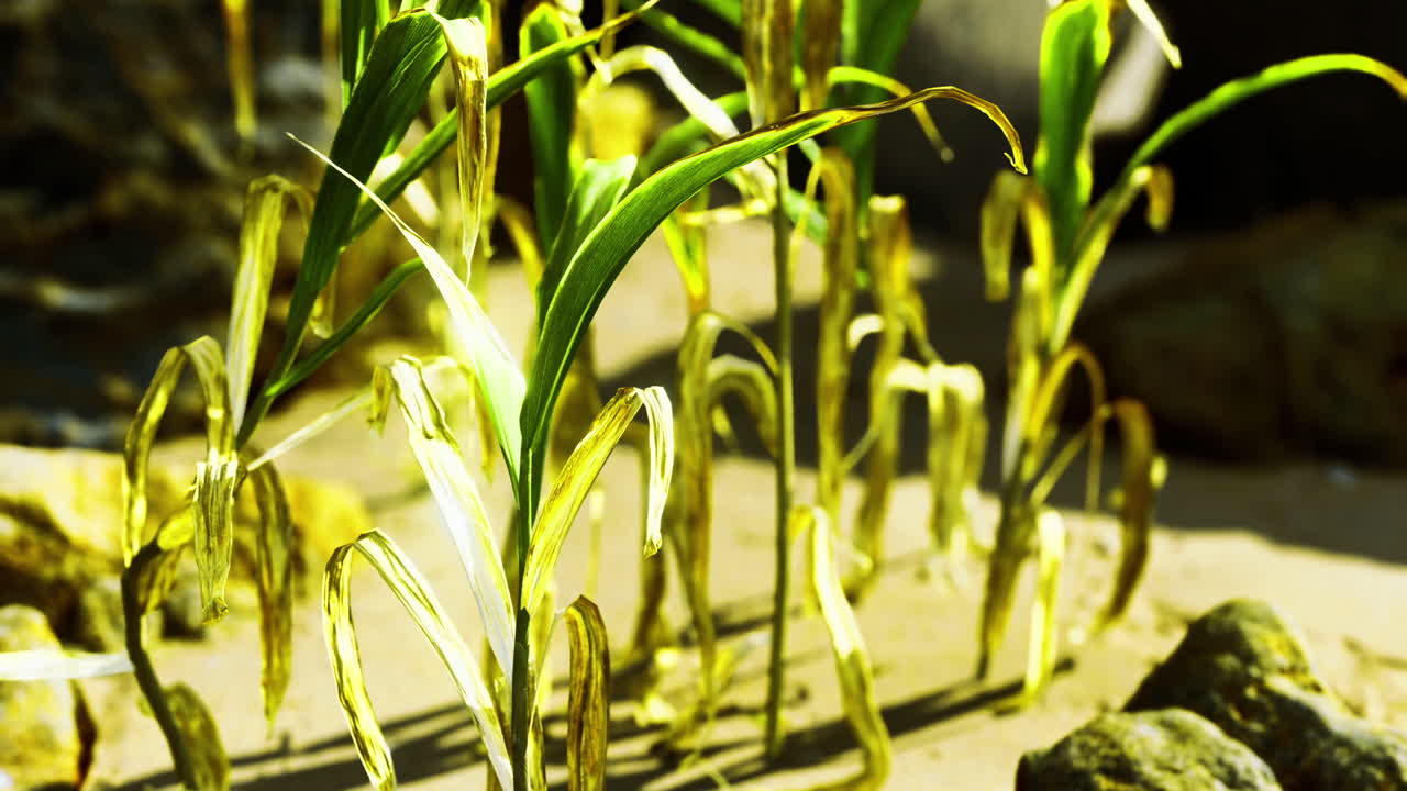 Distressed corn plants in summer on a farm