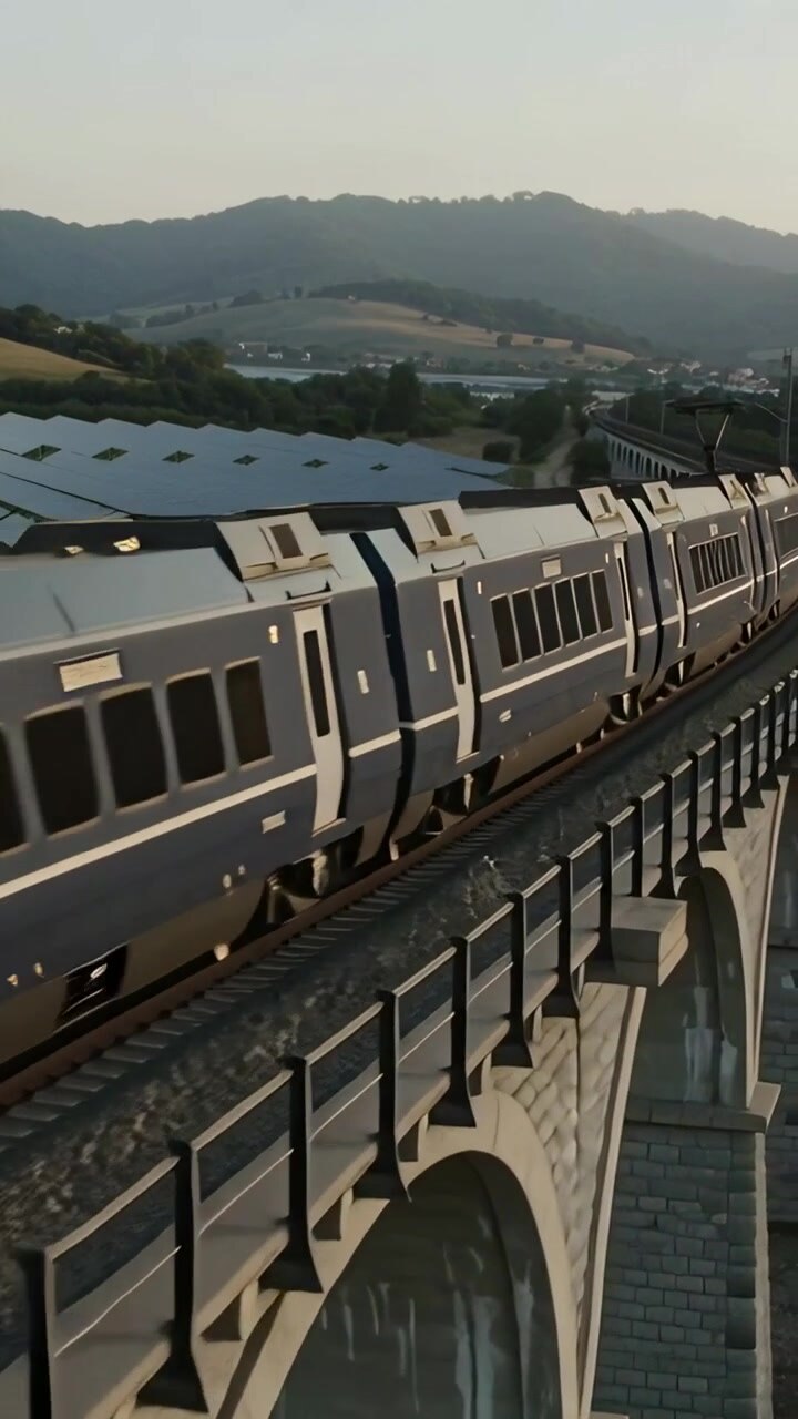 Vertical video: Entering frame from left, train crossing viaduct toward town, pantograph on roof