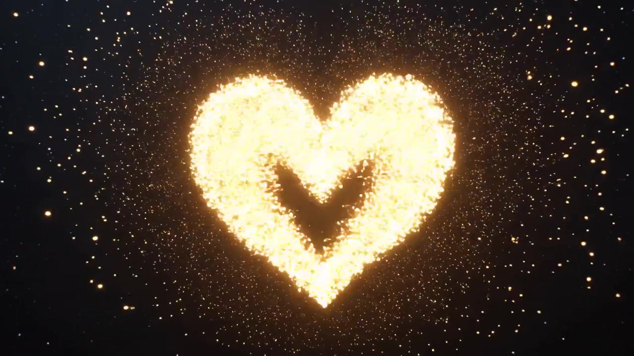 Emettitore pulsante che rilascia scintille dorate nel vuoto stellato, un cuore che si delinea e poi forma una forma luminosa