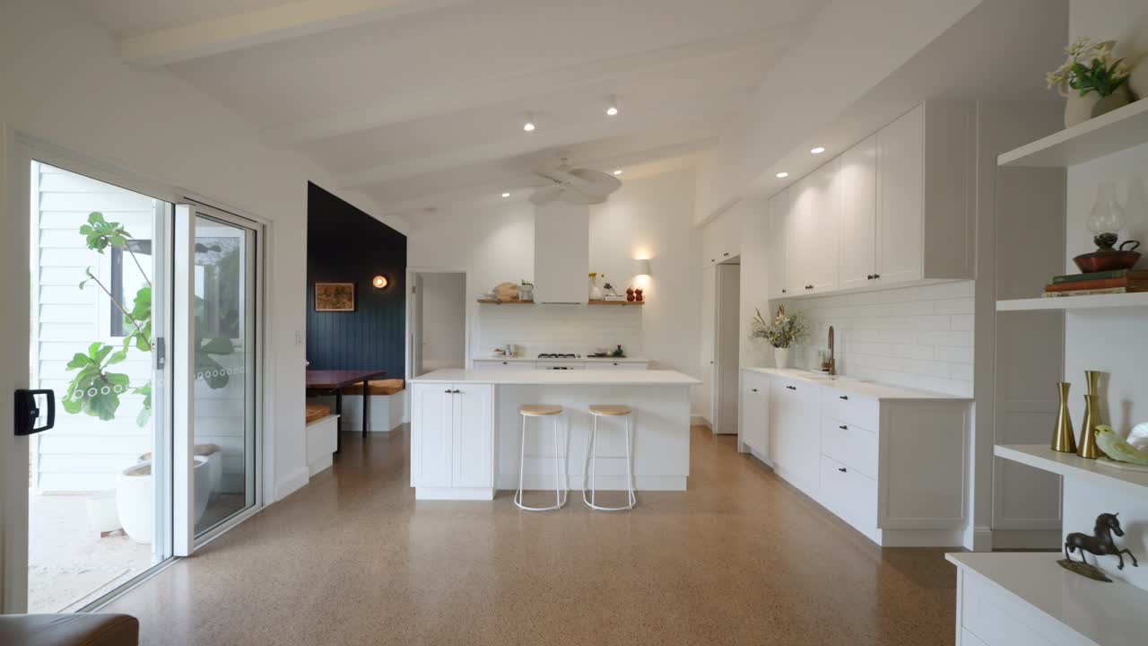 Modern White Kitchen Design with Island and Built-in Seating