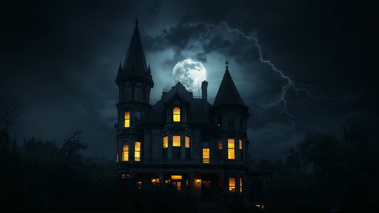 Fulmine che colpisce le torrette di un palazzo sotto la luna piena durante una tempesta, con le finestre che diventano color ambra