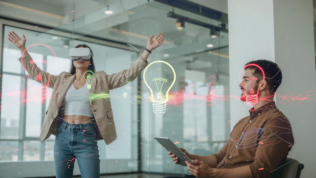 People using virtual reality and augmented reality in a modern office setting, representing ideas and innovation