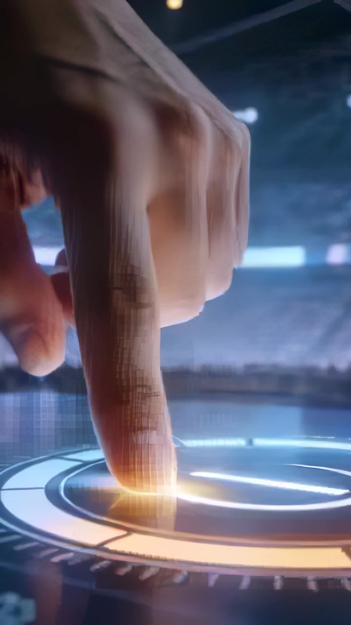 Vertical video: Hovering hand pressing center ring on arena table, activating HUD glowing orange