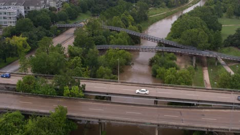 High-angle-aerial-of-the-Buffalo-Bayou-in-Houston,-Texas