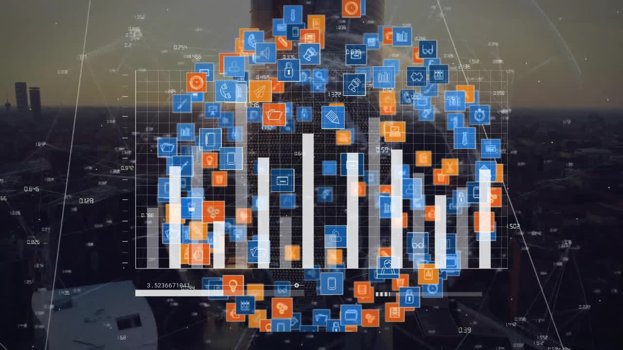 animación del procesamiento de datos con íconos y red de conexiones a través del paisaje urbano