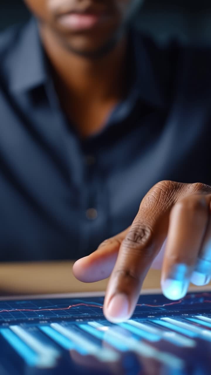 En fokuseret person, der analyserer digitale datatrends på en tabletskærm, viser avanceret analyse og visuelle repræsentationer af målinger i et moderne arbejdsmiljø