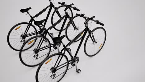 tres bicicletas 3d negras sobre un fondo blanco, animación 3d, la cámara hace zoom lentamente