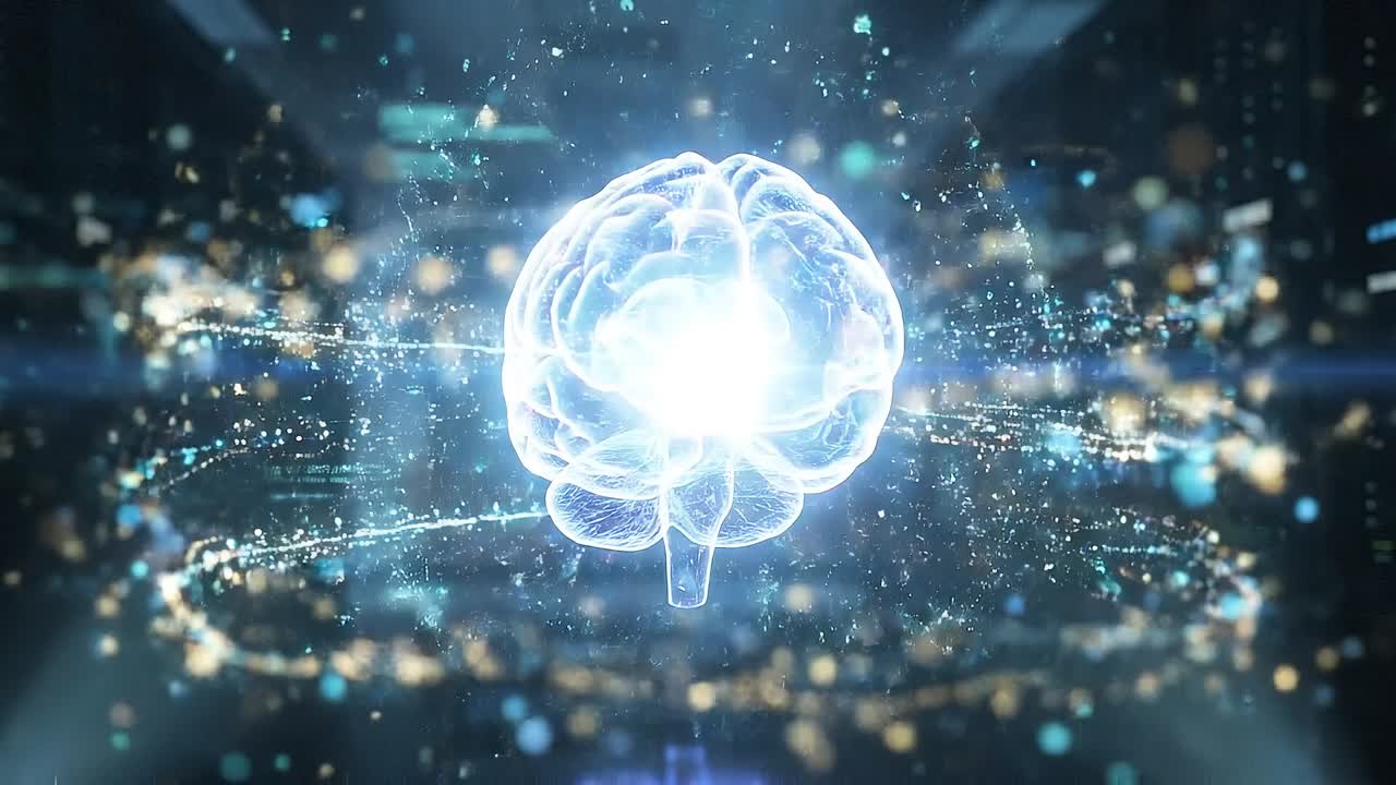 Modello di cervello umano luminoso che fluttua in un ambiente digitale con flussi di dati e particelle che illustrano l'attività neurale