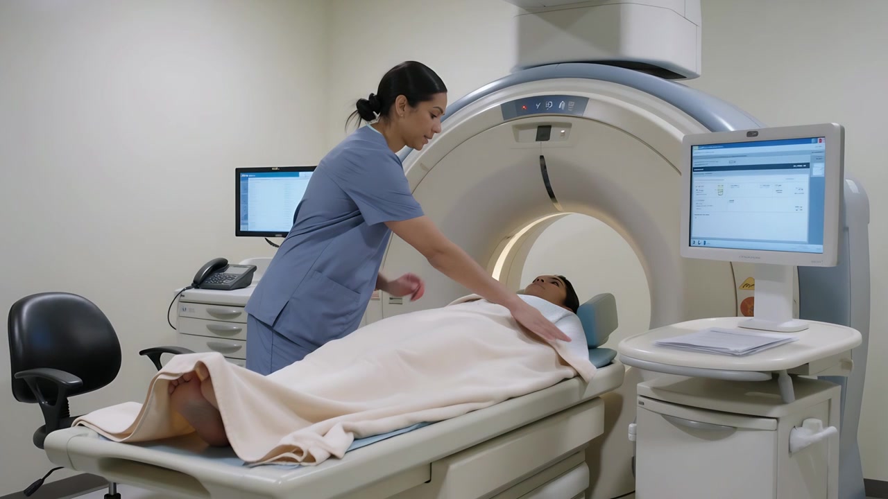 Tecnico MRI in camice avvia una scansione MRI, tirando una coperta sul paziente e allineando la testa allo scanner.