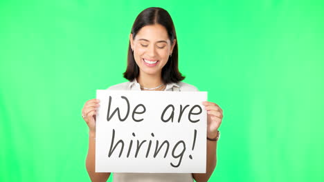 Woman-with-hiring-sign,-job-advertising-on-green