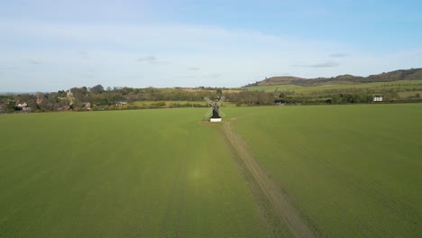 Traditional-Windmill-in-Rural-Countryside-Field-in-Pitstone,-England---Aerial