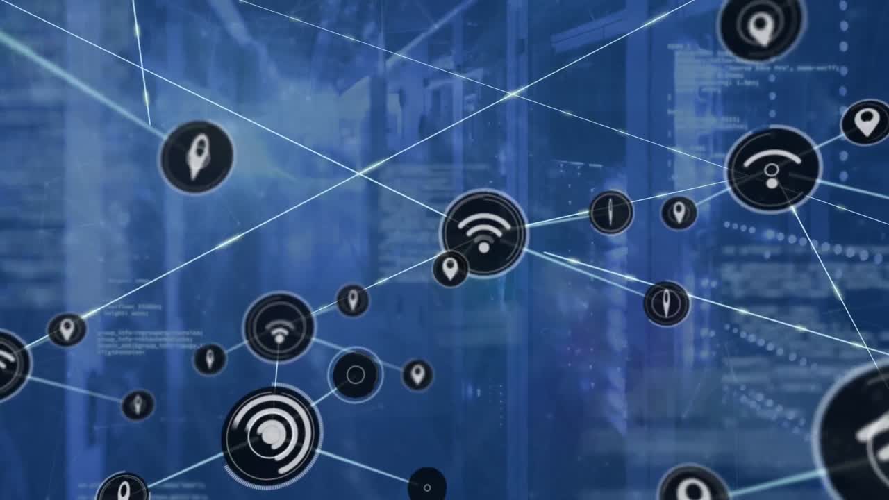 Animation of wireless network, map pin icons connecting with lines against computer server