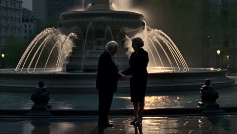 people silhouetted by fountain