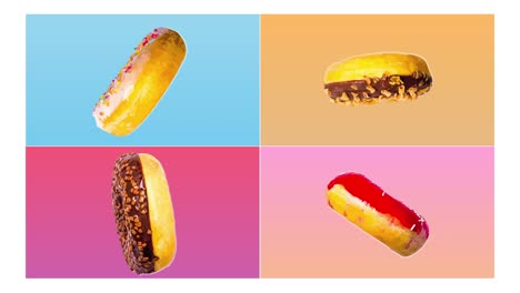 conjunto de 4 donuts de comida dulce, estilo pop art de dibujos animados de donuts. ilustración de colores posterizados patrón de medio tono. diseño retro vintage. bucle sin costuras. animación abstract colorida