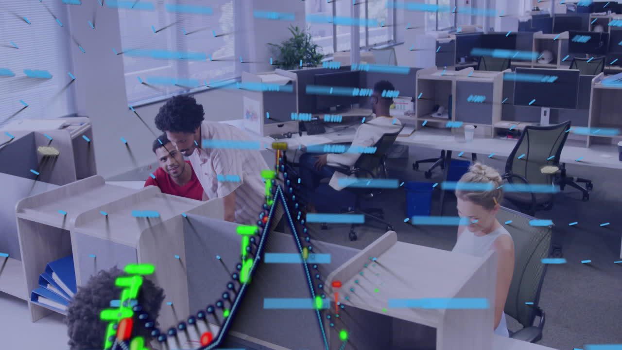 Senior developer and UX designer working in tech office, showing floating data bars and DNA helix