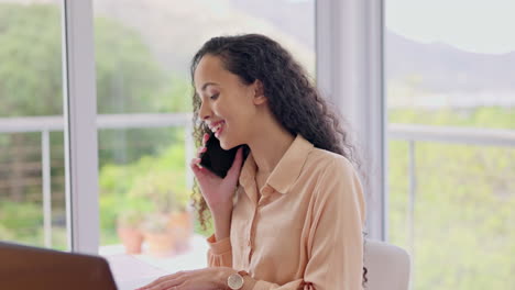 Phone-call,-laptop-and-woman-work-from-home