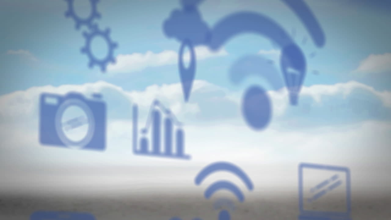 animación de iconos digitales flotando sobre nubes y paisaje del cielo