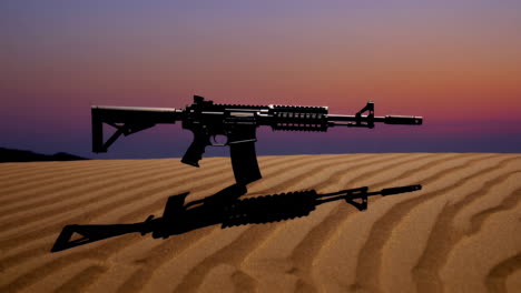 rifles in a desert landscape at sunrise/sunset