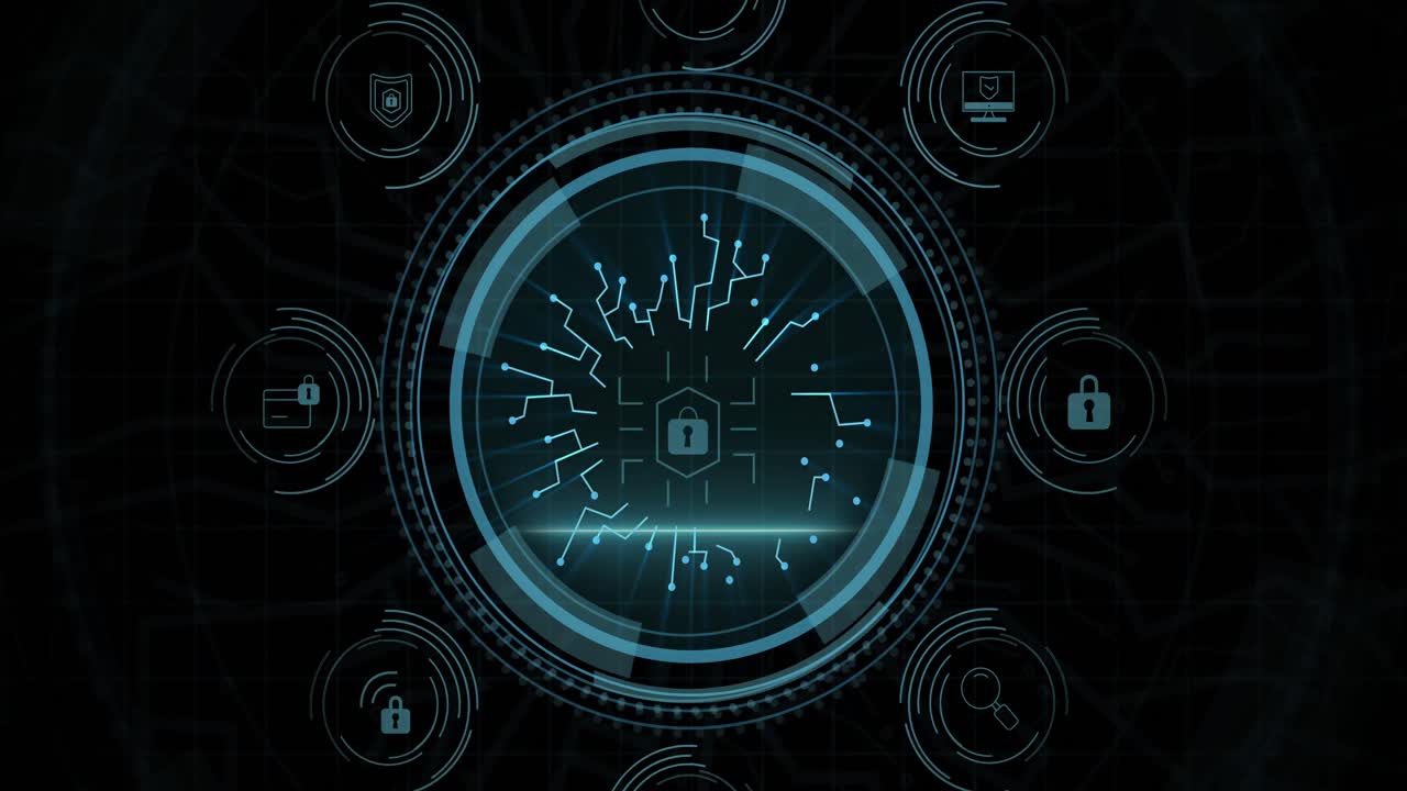 Animation of integrated circuit and padlock in circle and cyber security on black background