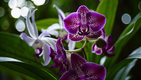 vibrant purple and white orchids blooming with bokeh background