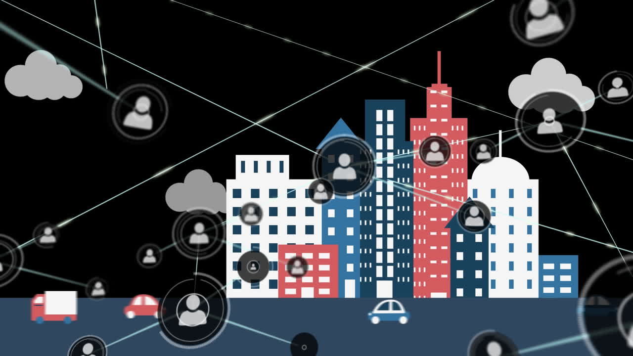 검은 바탕에 3d 도시 위에 아이콘으로 연결된 네트워크의 애니메이션